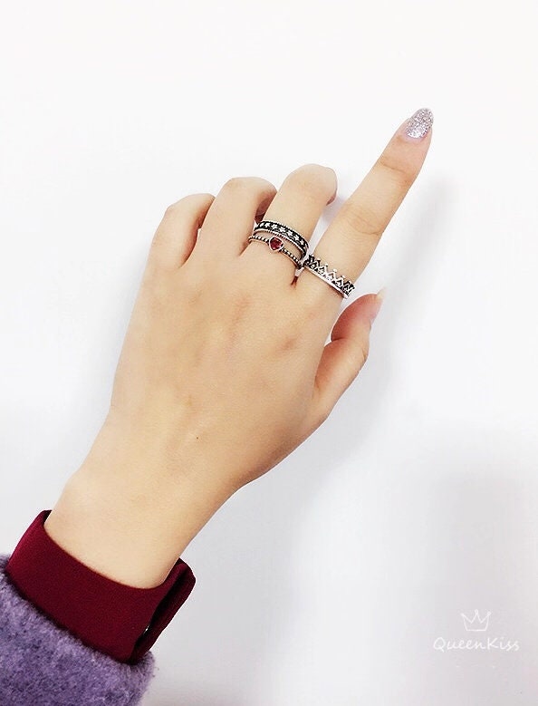 s925 Cool Vintage Minimalist Cubic Zircon Red Black White Adjustable Silver Ring