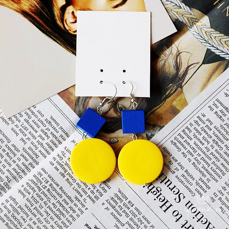 Minimalist Blue Square Yellow Circle Earrings - One and Only!!