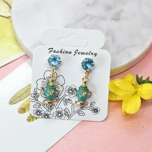 Cute Adorable Enamel Blue Kettle Dangle Sterling Silver Earrings -- Hi Tea!!