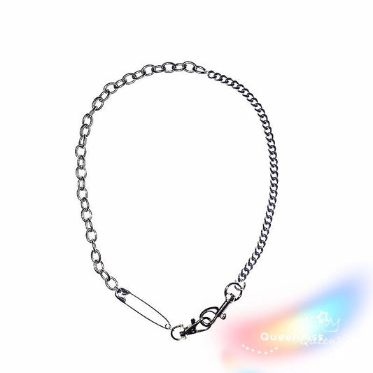 Funky Punk Stainless Steel Cool Circle Chains and Safety Pin Silver Necklace --  Cool World!!