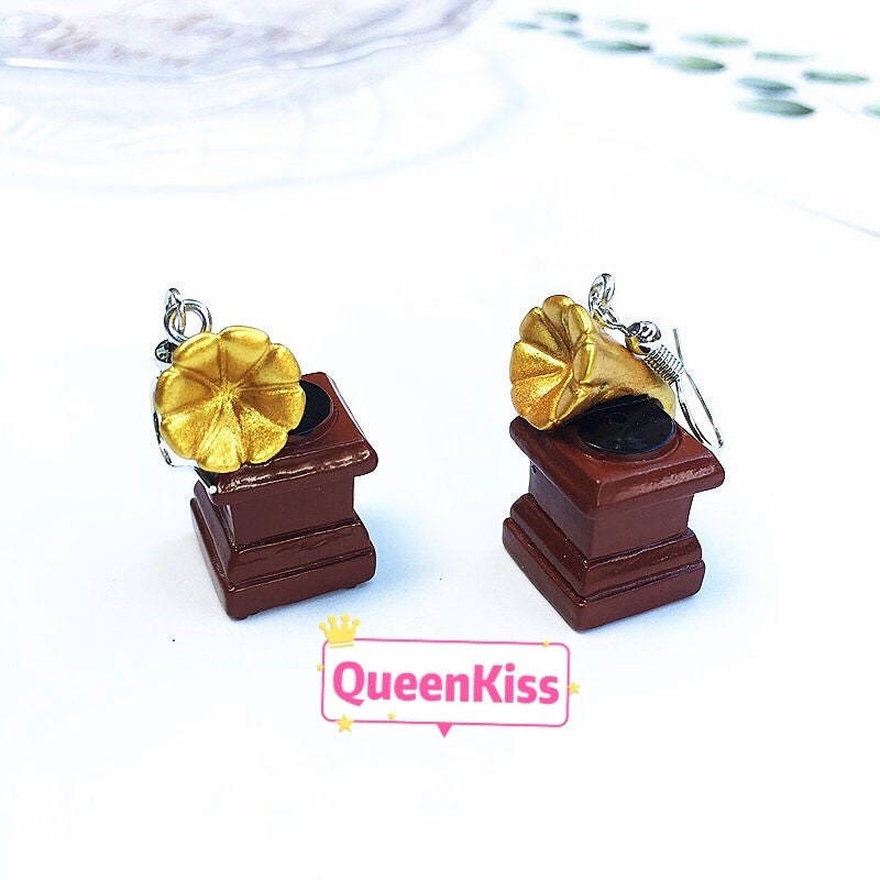 Old School Vintage Super Sweet Cute Phonograph Cellular Phone Radio Suitcase Oil Lamp Candle Yellow and Brown Earrings -- Mr. Old School!!