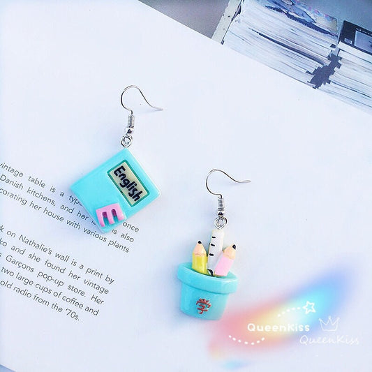 Super Sweet Cute Adorable Light Green Blue Pink Red English Textbook and Pens Earrings -- Cool Kids!!