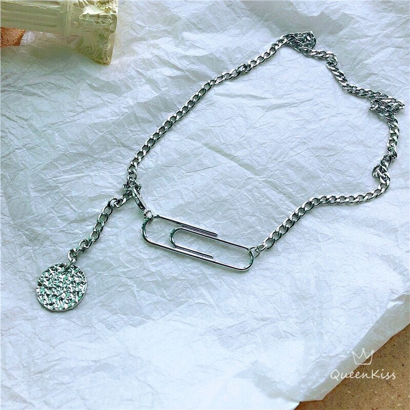 Funky Punk Stainless Steel Cool Circle Chains and Safety Pin Silver Necklace --  Sexy Babe!!