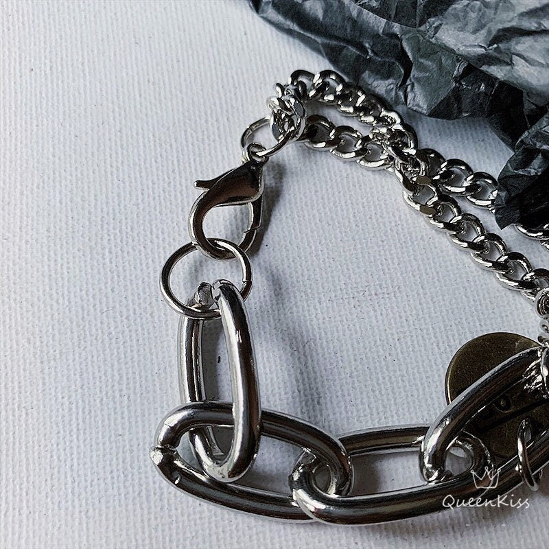 Funky Punk Stainless Steel Coin 92 Cool Double Chains Silver Bracelet -- Born in 1892!!