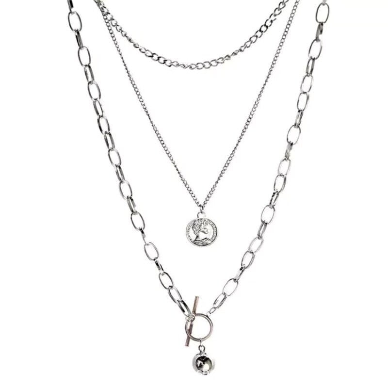 Funky Punk Stainless Steel Coin and Round Ball Plain Cool Three Layers One Set Silver Necklace -- Swag Me!!