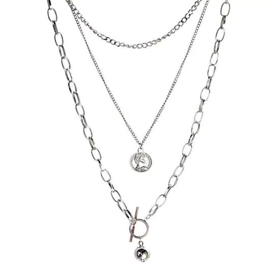Funky Punk Stainless Steel Coin and Round Ball Plain Cool Three Layers One Set Silver Necklace -- Swag Me!!