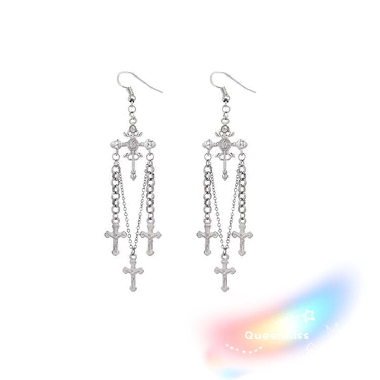 Cross and Cross Antique Silver Earrings Dagger Medieval Drop Dangle Gothic Earrings-- Love me Till the End!!
