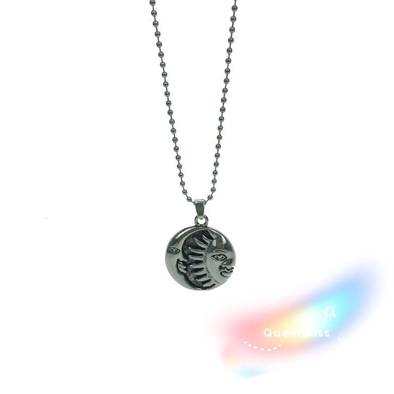 Funky Punk Stainless Steel Cool Sun and Moon Silver Necklace -- I belong to you!