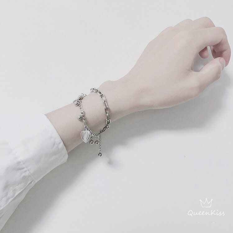 Funky Punk Stainless Steel Two Layers Cool Style Chain Heart Silver Bracelet -- Love Love Love!!