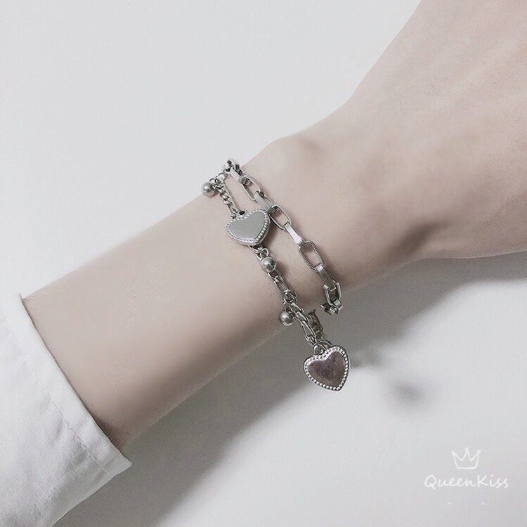 Funky Punk Stainless Steel Two Layers Cool Style Chain Heart Silver Bracelet -- Love Love Love!!