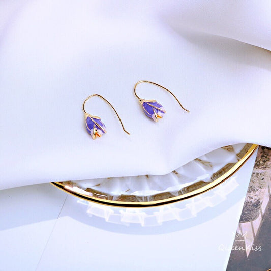 Enamel Blue Pink Purple Rose Flowers Dangle Gold Earrings -- Fairy Lady!!