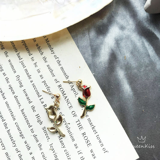 Enamel Red Rose Green Leaves Rose Flowers Dangle Earrings -- Fairy Lady!!