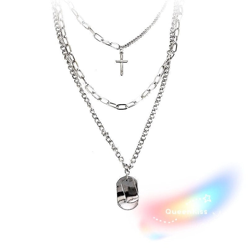 Funky Punk Stainless Steel Cross Plain Cool Three Layers One Set Silver Necklace -- Be a man!!