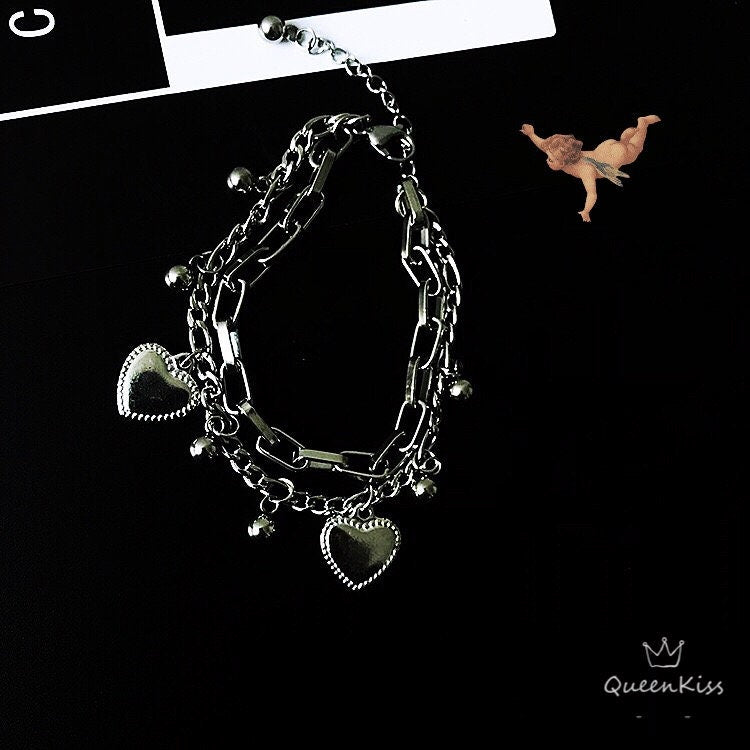 Funky Punk Stainless Steel Two Layers Cool Style Chain Heart Silver Bracelet -- Love Love Love!!