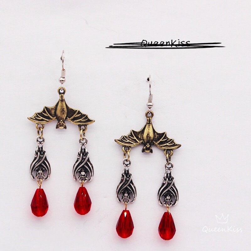Enamel Earrings Family Bats Three Bats Blood Gothic Dangle Horror Earrings Halloween Earrings Creepy Goth Grunge Earrings