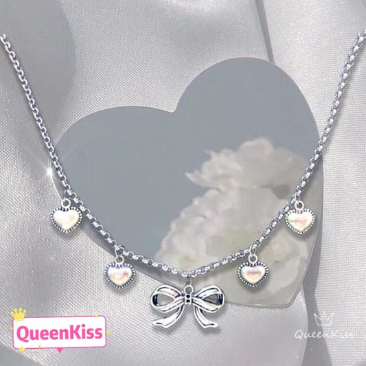 Cute Adorable Lovely Heart and Bowknot Cool Heart Chains Silver Necklace -- In your Eyes!!