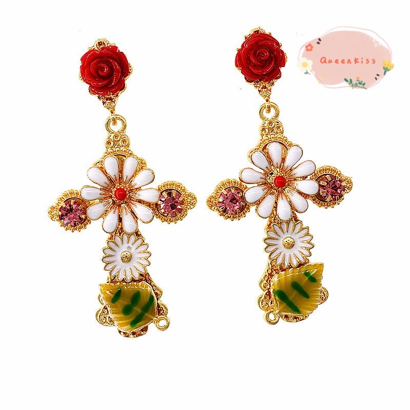 Enamel Sterling Silver Red Green Flowers Cross Dangle Earrings -- Hardest to Love!!
