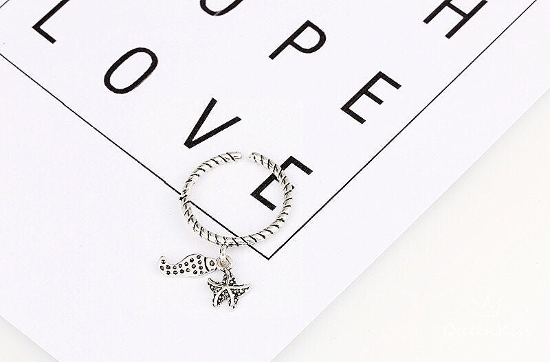 S925 Cool Vintage Sea Star Fish Plain Ring Adjustable Silver Ring