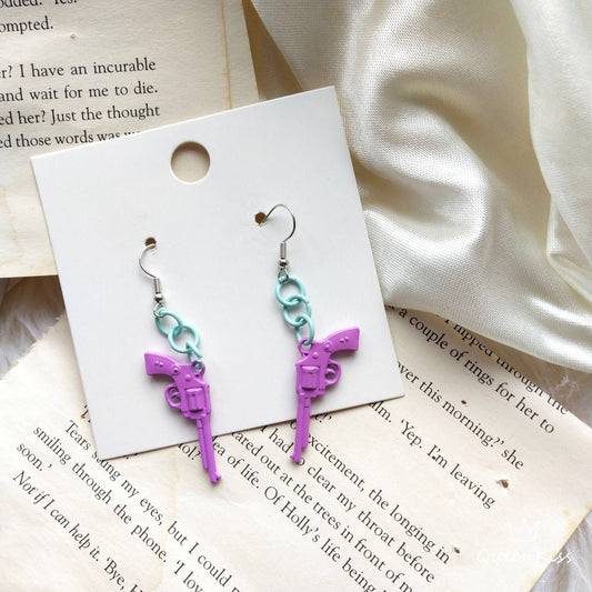 Cool Sweet Love and Gun Paint Green and Purple Earrings -- The Only One in the Village!!
