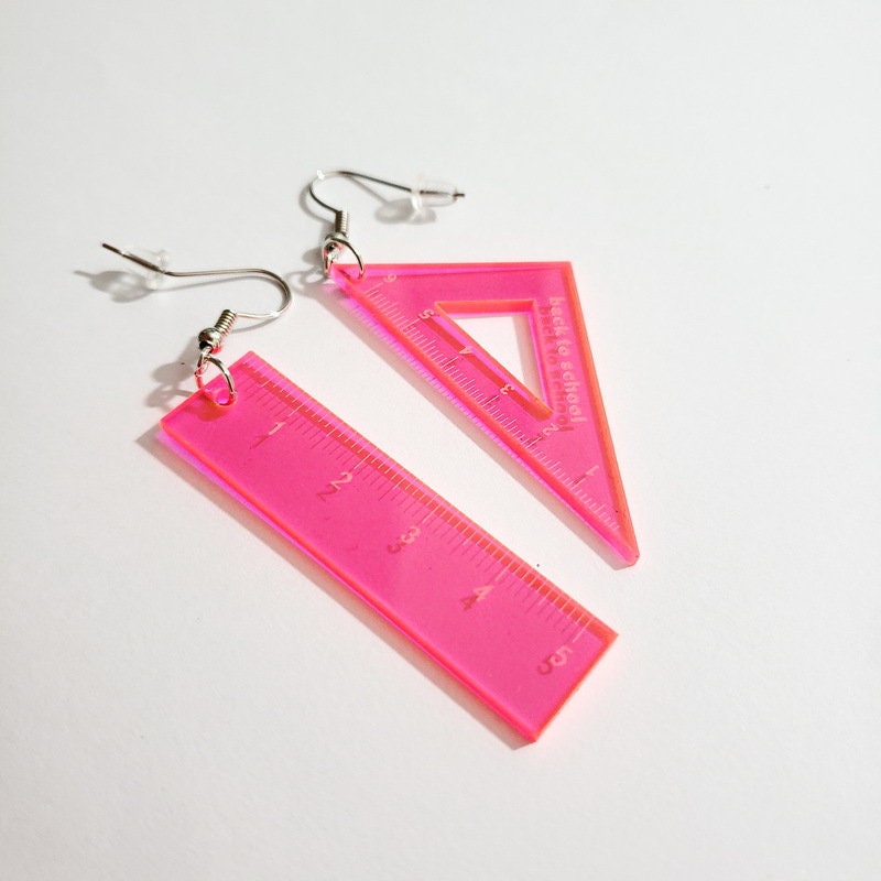 Adorable Triangular Ruler Straight Ruler Three Colors Blue Yellow Pink Light Earrings -- Be Cool Be Good!!
