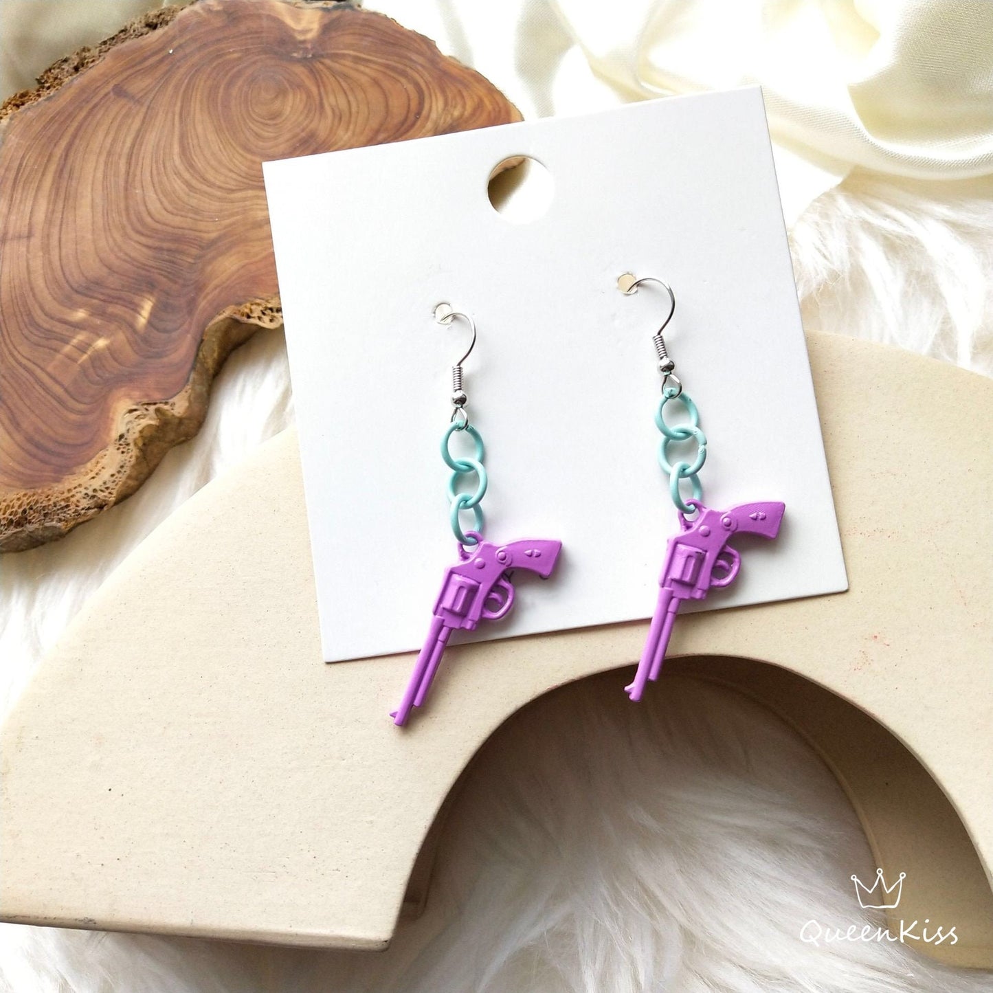 Cool Sweet Love and Gun Paint Green and Purple Earrings -- The Only One in the Village!!