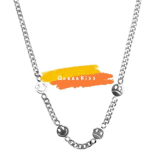 Funky Punk Stainless Steel Cool Smiling Sad Face Silver Necklace and Bracelet -- Life is But a Dream!