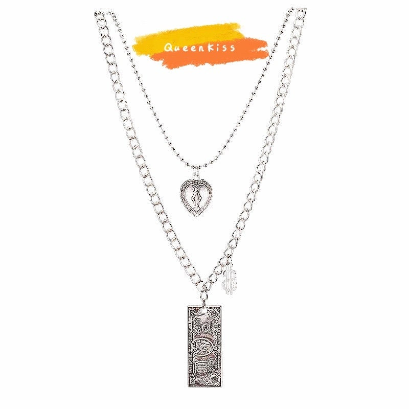 Funky Punk Stainless Steel Money Currency Dollar Two Layers One Set Silver Necklace -- Saint Maria!!