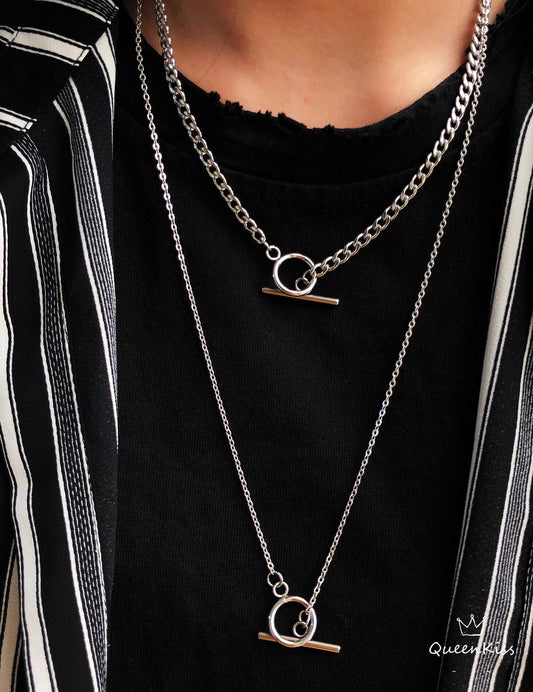 Funky Punk Stainless Steel Easy Matching Two Different Chains Hooks Two Layers One Set Silver Necklace -- Match Maker!!