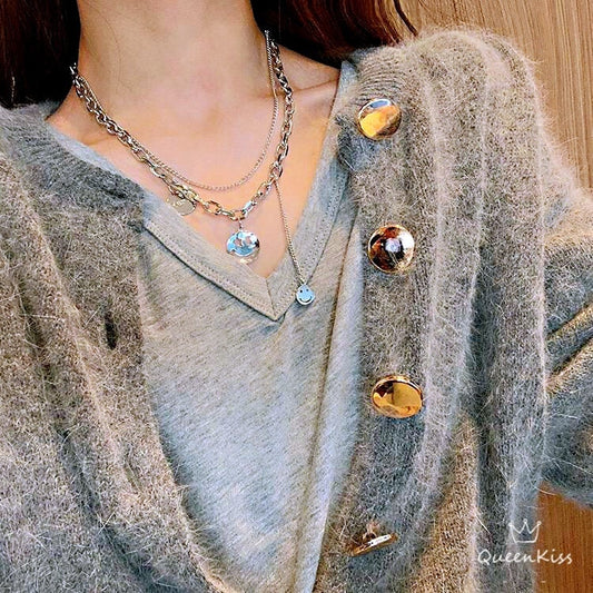 Funky Punk Stainless Steel Smiley Smile Faces Coin Two Layers One Set Silver Necklace -- Miss Little Cuties!!