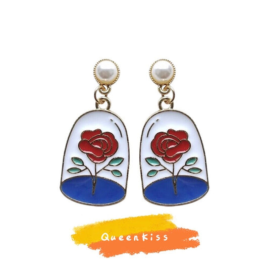Red Rose and Leaves Enamelled Earrings -- Rose Rose I Love You!!