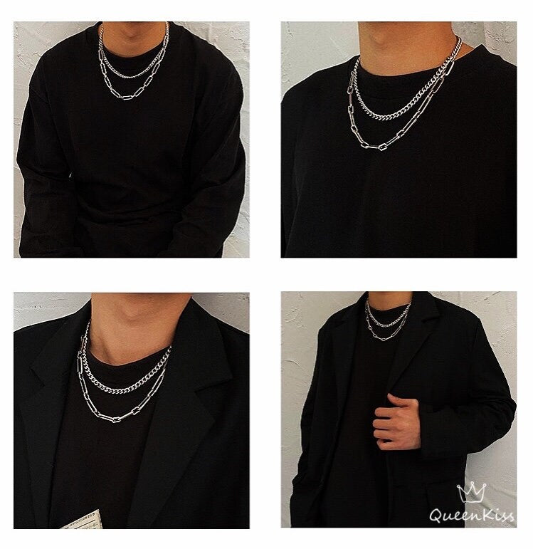 Funky Punk Stainless Steel Two Layers One Set Silver Necklace -- Imperfect Perfection!!