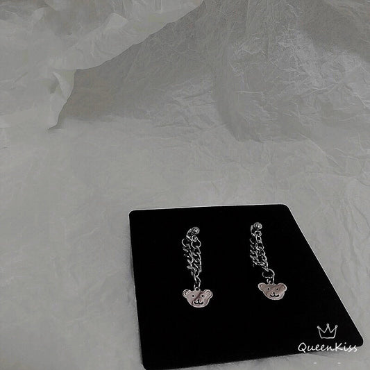 Cute Adorable Teddy Bear Head Dangle Silver Earrings Needle Pierced-- Teddy Loves you!!