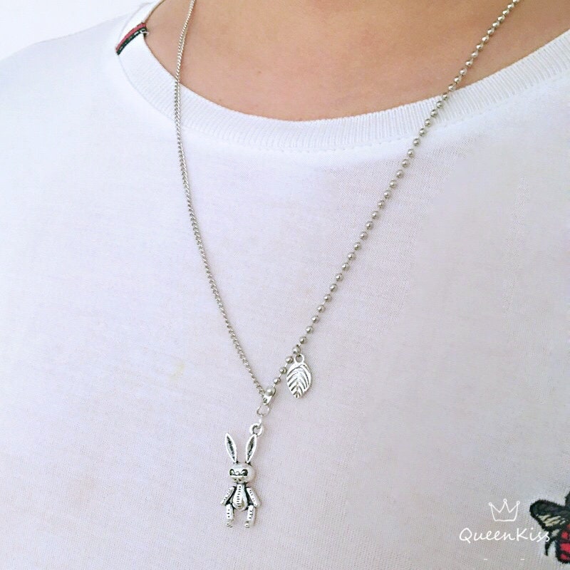 Cute Adorable Stainless Leaves and Bunny Rabit Teddy Bear Chains Silver Necklace -- Gift of My Love!!