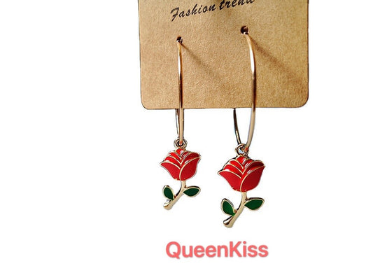 Super Sweet Cute Adorable Light Red Rose Big Circle Earrings -- Rose I Love You!!