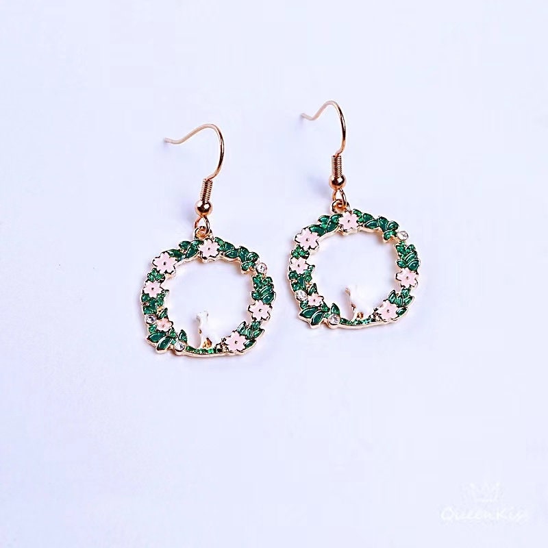 Enamel Flower Kitty and Rabbit Earrings -- Kitty in The Garden!