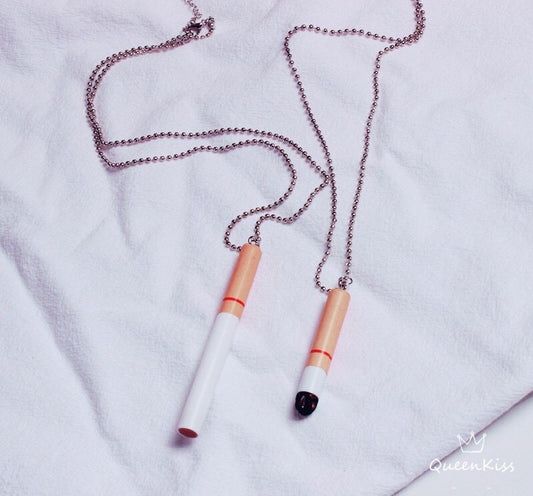 Cool Cute Adorable Long Cigarette and Short Burning Cigarette Silver Necklace -- Light Me Up!!