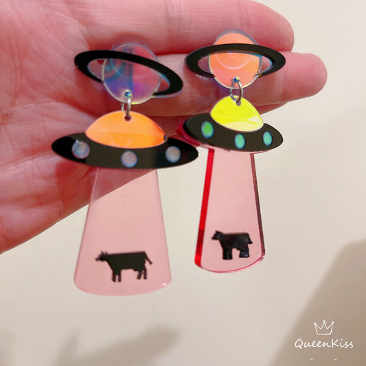 New Color Pink Cute Light Trendy Quirky UFO Earrings Alien Sucking Cow In Earrings - We need you!!