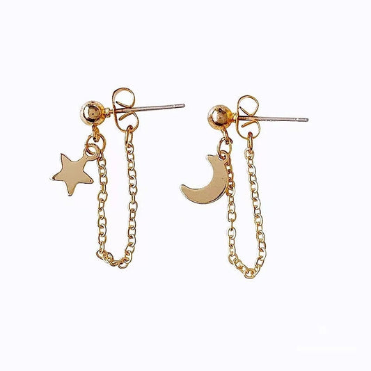 Minimalist Chain Moon and Star Cross Back Dangle Gold Earrings -- Best Couple!!