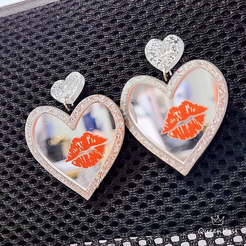 Cute Light Trendy Shining Mirror Red Lips Heart Shape Earrings - Party Baby!!