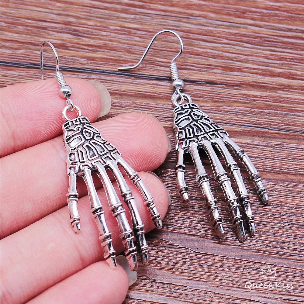 Quirky 3D Skeleton Hands Silver Earrings And Necklace Zombie Halloween Earrings, HorrorJewelry, Jewellery, Gothic Earrings -- Touch my heart