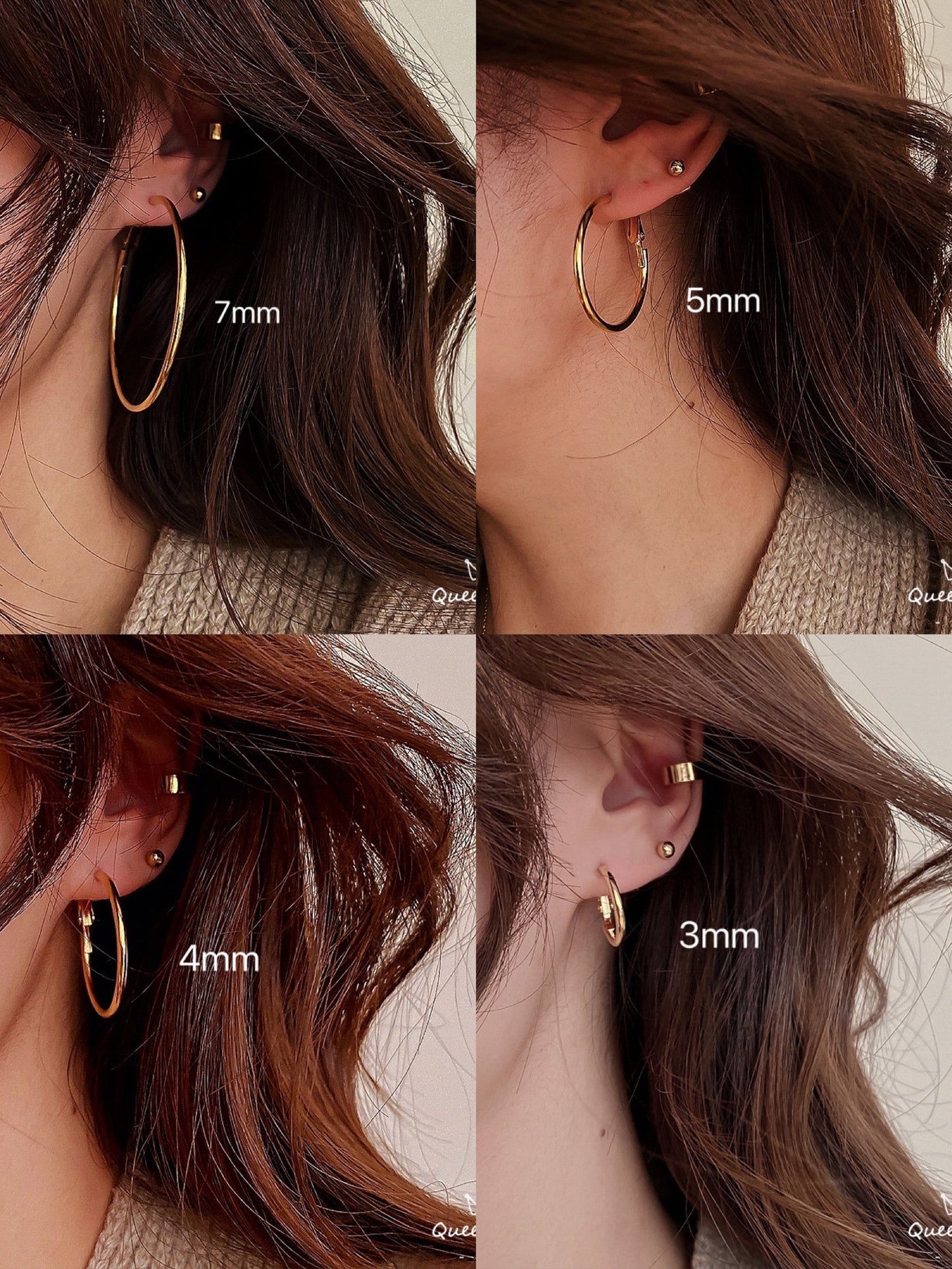 Sterling S925 Needle Gold Circle Shining Big Ring Earrings, with Inner Diameter 7/5/4/3mm-- Pretty Woman!!