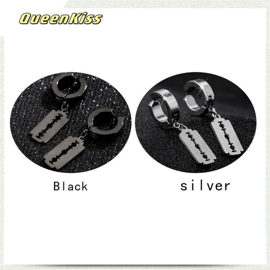 Cool Stainless Steel Razor Silver and Black Earrings -- No Time To Die!!