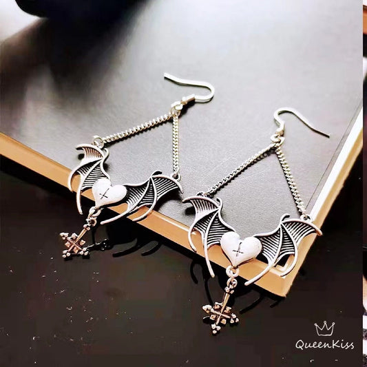Bat Wing And Upside Down Cross Gothic Dangle Earrings Creepy Lovely Earrings