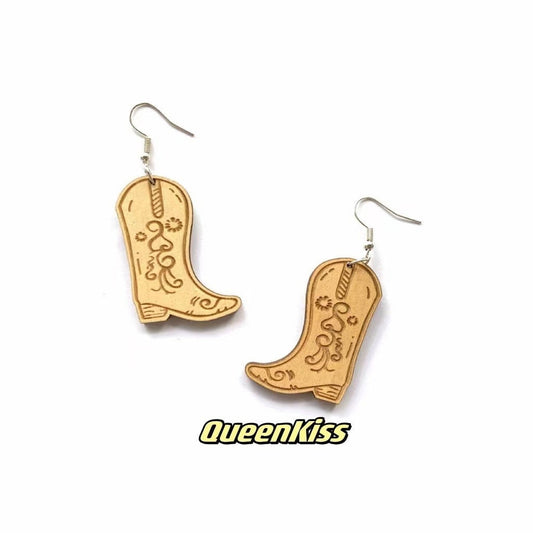 Super Light Wood Cute Wooden Long Boot Shoe Yellow Earrings - Yellow Stone National Park