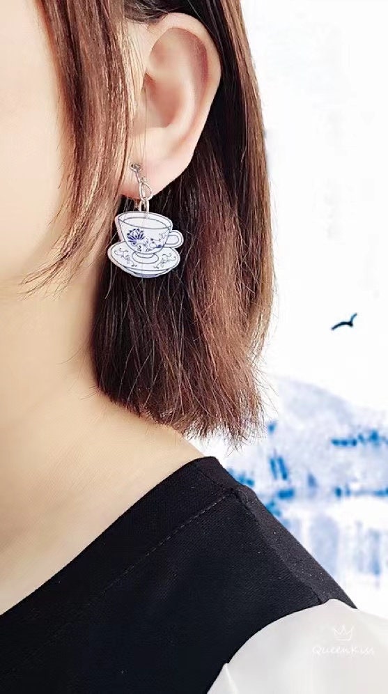 Super Light Acrylic Cute Porcelain Style Cup and Plate Earrings - Afternoon Tea Time!!