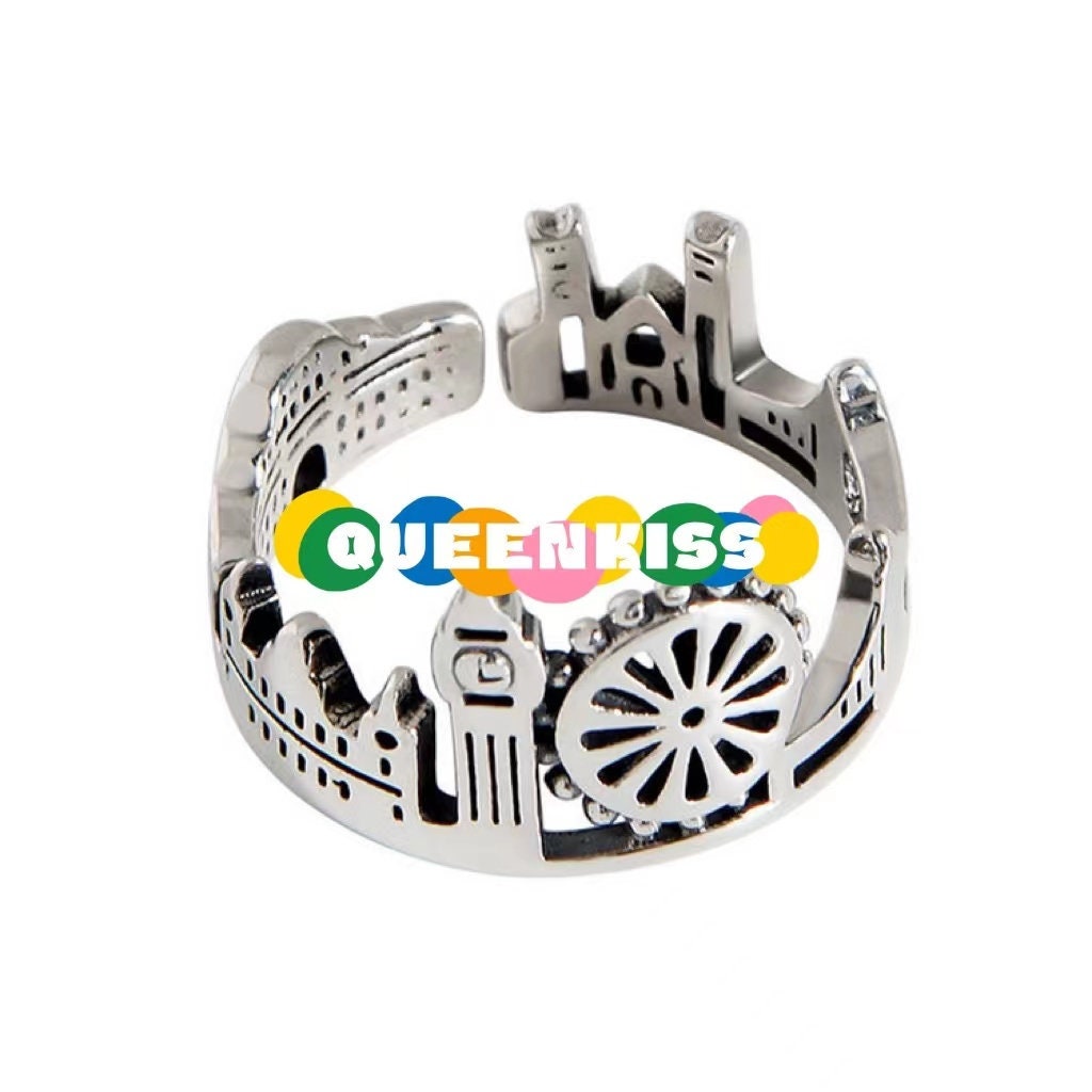 S925 Sterling Silver Vintage Adorable Big Ben Big Wheel London View Ring Adjustable Silver Ring