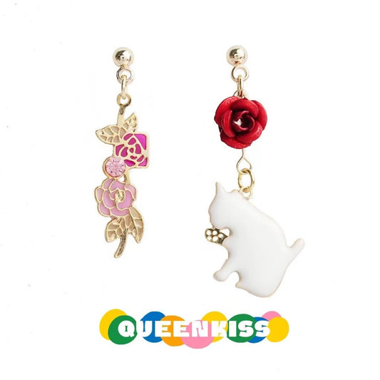 Super Cute Gold Plated and Enamelled Kitty Cat Rose Red Pink One Pair of Earrings -- Maneki-Neko!!