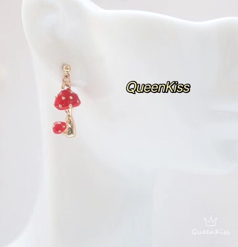 Super Cute Gold Plated and Enamelled Mushroom One Pair of Earrings -- Vivid Sydney!!