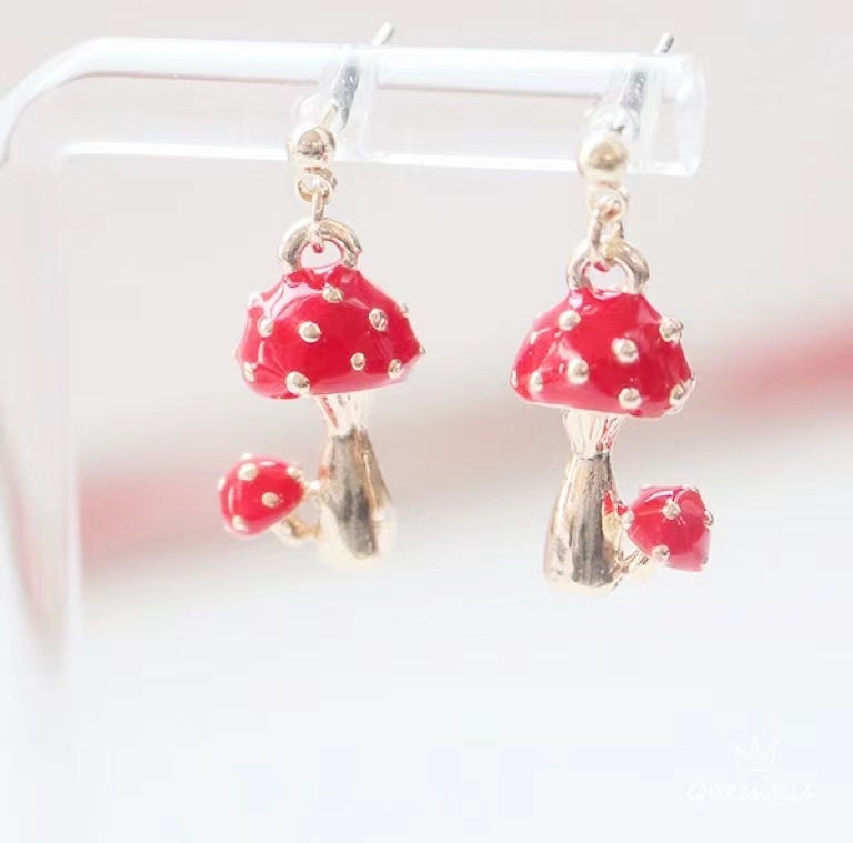 Super Cute Gold Plated and Enamelled Mushroom One Pair of Earrings -- Vivid Sydney!!