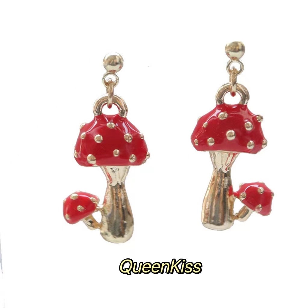 Super Cute Gold Plated and Enamelled Mushroom One Pair of Earrings -- Vivid Sydney!!
